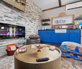 Casablanca Moroccan Adobe fireplace and kitchen