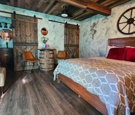 Dalia bedroom with view of barn door to bathroom in Dalia Hobbit-inspired cabin at Nature Mystique Retreat