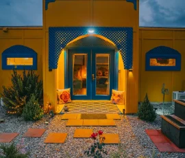 Front of Casablanca Aladdin-inspired cabin at night at Nature Mystique Retreat