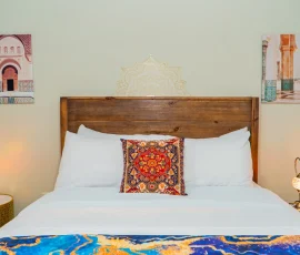 Decorative pillows and lamps in Tangier Aladdin-inspired cabin at Nature Mystique Retreat
