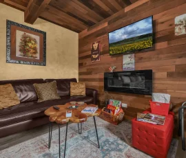 View of couch, table, TV, and electric fireplace in Aspen Hobbit-inspired cabin at Nature Mystique Retreat