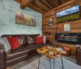 View of couch, table, TV, and electric fireplace in Dalia Hobbit-inspired cabin at Nature Mystique Retreat