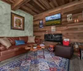 View of couch, table, TV, and electric fireplace in Forest Hobbit-inspired cabin at Nature Mystique Retreat