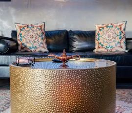 genie lamp on table in front of the couch in Casablanca, an Alladin-inspired cabin at Nature Mystique