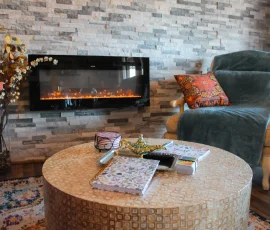 Electric fireplace in Tangier Aladdin-inspired cabin at Nature Mystique Retreat